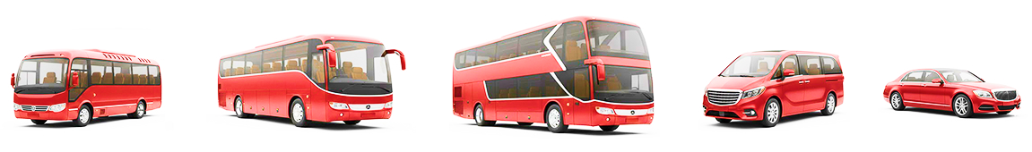 Fleet of red coaches and minibuses of varying sizes